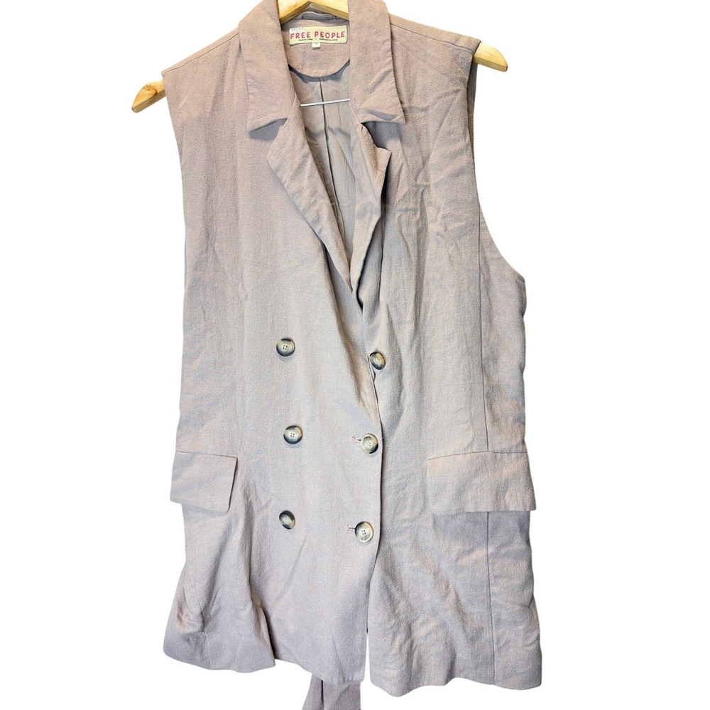 Free People Linen Blend Double Breasted Longline Vest Mauve Taupe M